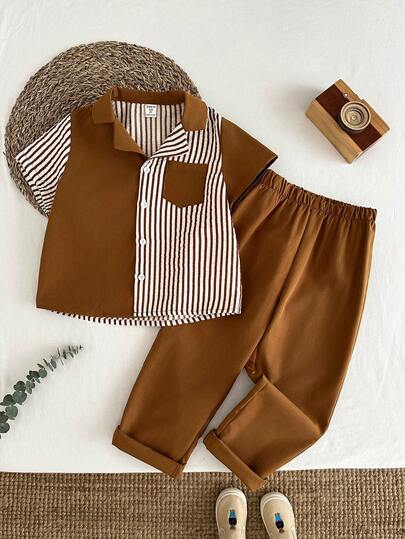 LMoss Kids مجموعة قميص وشورت مخطط بفضفاضة للأولاد، طراز كوري عصري مناسب للارتداء اليومي والرياضة والخارج والمدرسة في الربيع/الصيف، 2 قطعة/مجموعة