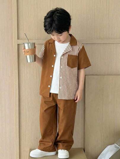 LMoss Kids مجموعة قميص وشورت مخطط بفضفاضة للأولاد، طراز كوري عصري مناسب للارتداء اليومي والرياضة والخارج والمدرسة في الربيع/الصيف، 2 قطعة/مجموعة