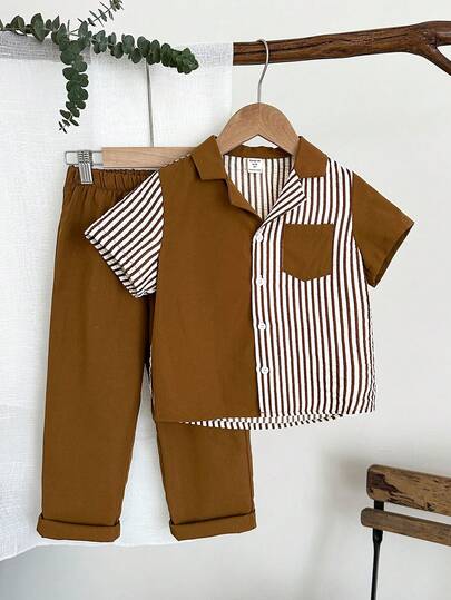 LMoss Kids مجموعة قميص وشورت مخطط بفضفاضة للأولاد، طراز كوري عصري مناسب للارتداء اليومي والرياضة والخارج والمدرسة في الربيع/الصيف، 2 قطعة/مجموعة