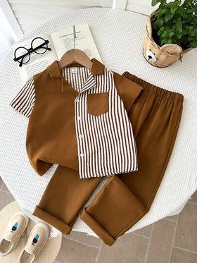 LMoss Kids مجموعة قميص وشورت مخطط بفضفاضة للأولاد، طراز كوري عصري مناسب للارتداء اليومي والرياضة والخارج والمدرسة في الربيع/الصيف، 2 قطعة/مجموعة