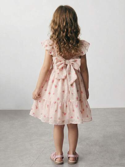 SHEIN Maija Kids فستان كم قصير منقوش بنقشة زهور صغيرة مع زينة عقدة