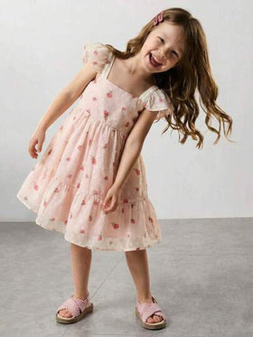 SHEIN Maija Kids فستان كم قصير منقوش بنقشة زهور صغيرة مع زينة عقدة