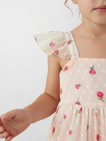 SHEIN Maija Kids فستان كم قصير منقوش بنقشة زهور صغيرة مع زينة عقدة