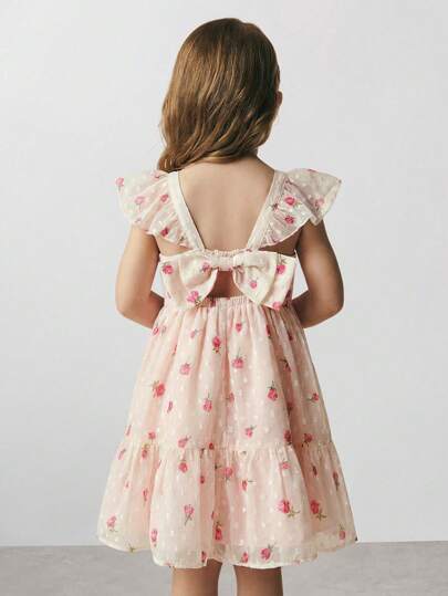 SHEIN Maija Kids فستان كم قصير منقوش بنقشة زهور صغيرة مع زينة عقدة