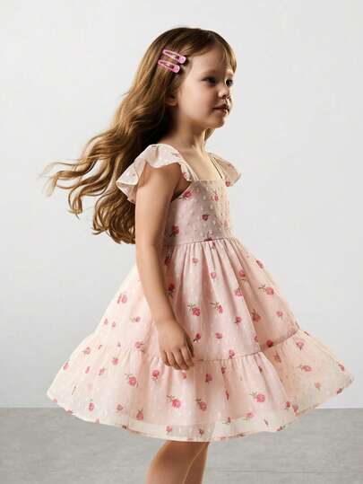 SHEIN Maija Kids فستان كم قصير منقوش بنقشة زهور صغيرة مع زينة عقدة