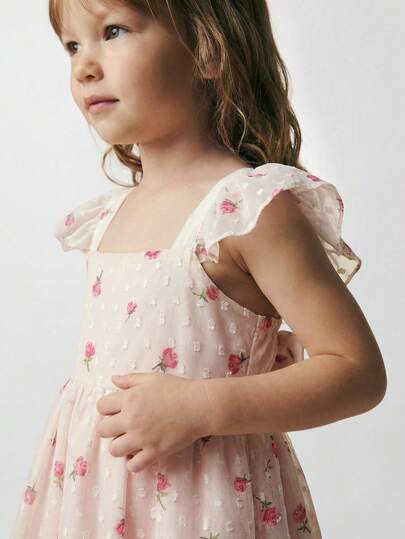SHEIN Maija Kids فستان كم قصير منقوش بنقشة زهور صغيرة مع زينة عقدة