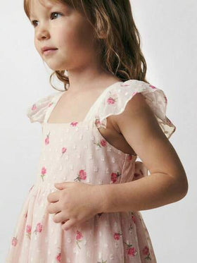 SHEIN Maija Kids فستان كم قصير منقوش بنقشة زهور صغيرة مع زينة عقدة