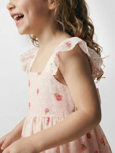 SHEIN Maija Kids فستان كم قصير منقوش بنقشة زهور صغيرة مع زينة عقدة