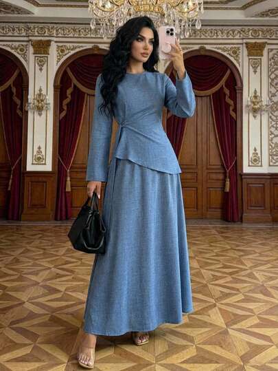 SHEIN LUNE مجموعة ملابس علوية أزرق طويل الأكمام مناسب للمحافظين وتنورة طويلة على شكل حرف A، ملابس علوية أزرق طويل الأكمام أنيق وتنورة ماكسي متناسقة للربيع والصيف، طقم أنيق من ملابس علوية أزرق بياقة مستديرة مع تنورة طويلة فضفاضة