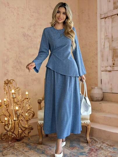SHEIN LUNE مجموعة ملابس علوية أزرق طويل الأكمام مناسب للمحافظين وتنورة طويلة على شكل حرف A، ملابس علوية أزرق طويل الأكمام أنيق وتنورة ماكسي متناسقة للربيع والصيف، طقم أنيق من ملابس علوية أزرق بياقة مستديرة مع تنورة طويلة فضفاضة