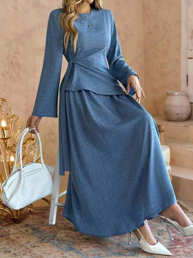 SHEIN LUNE مجموعة ملابس علوية أزرق طويل الأكمام مناسب للمحافظين وتنورة طويلة على شكل حرف A، ملابس علوية أزرق طويل الأكمام أنيق وتنورة ماكسي متناسقة للربيع والصيف، طقم أنيق من ملابس علوية أزرق بياقة مستديرة مع تنورة طويلة فضفاضة