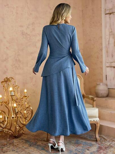 SHEIN LUNE مجموعة ملابس علوية أزرق طويل الأكمام مناسب للمحافظين وتنورة طويلة على شكل حرف A، ملابس علوية أزرق طويل الأكمام أنيق وتنورة ماكسي متناسقة للربيع والصيف، طقم أنيق من ملابس علوية أزرق بياقة مستديرة مع تنورة طويلة فضفاضة