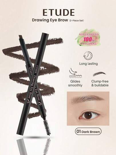ETUDE قلم حواجب 2 قطعة 0.25 جرام/0.01 أونصة #1 بني داكن، لون دائم، مكياج حواجب طبيعي ناعم للاستخدام اليومي، مستحضرات تجميل كورية، طقم هدايا