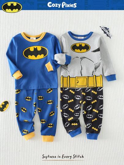 BATMAN X Cozy Pixies 4 قطع طقم بيجاما مناسب للأولاد الصغار، طباعة أبطال خارقين كرتونية، ملابس علوية كم طويل رقبة طاقم ناعم والبنطلون طويل الخصر مطاطي