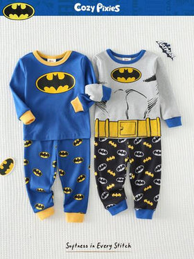 BATMAN X Cozy Pixies 4 قطع طقم بيجاما مناسب للأولاد الصغار، طباعة أبطال خارقين كرتونية، ملابس علوية كم طويل رقبة طاقم ناعم والبنطلون طويل الخصر مطاطي