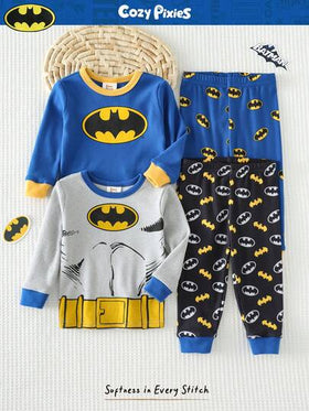 BATMAN X Cozy Pixies 4 قطع طقم بيجاما مناسب للأولاد الصغار، طباعة أبطال خارقين كرتونية، ملابس علوية كم طويل رقبة طاقم ناعم والبنطلون طويل الخصر مطاطي