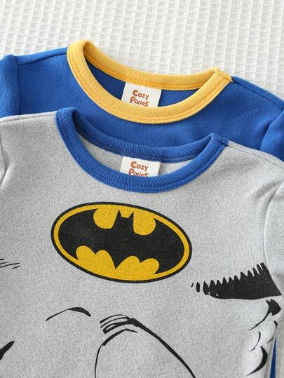 BATMAN X Cozy Pixies 4 قطع طقم بيجاما مناسب للأولاد الصغار، طباعة أبطال خارقين كرتونية، ملابس علوية كم طويل رقبة طاقم ناعم والبنطلون طويل الخصر مطاطي