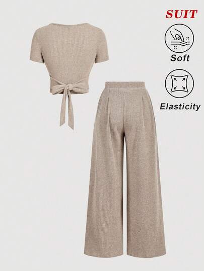 SHEIN MOD طقم تي شيرت وبنطلون قصير كاجوال مضلع بلون الخاكي