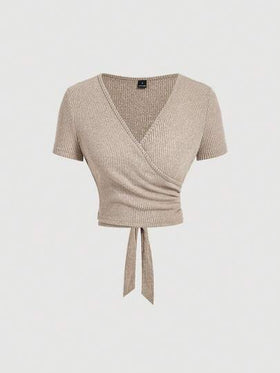 SHEIN MOD طقم تي شيرت وبنطلون قصير كاجوال مضلع بلون الخاكي