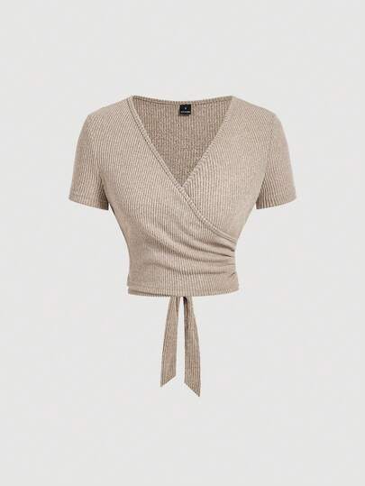 SHEIN MOD طقم تي شيرت وبنطلون قصير كاجوال مضلع بلون الخاكي