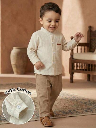 SHEIN Playful Pals مجموعة قميص كتان قطني طويل الأكمام مع طوق وبنطال قطني كتاني مرن للأطفال الرضع والصغار، مناسبة للذهاب إلى المدرسة والرحلات والمناسبات الرسمية والعادية، مقاس من 6 أشهر إلى 3 سنوات