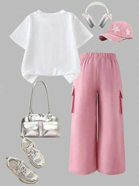 SHEIN ChillGRL مجموعة من قطعتين للفتيات المراهقات، تصميم كاجوال بفيونكة وطباعة، قميص طباعي وبنطلون رياضي، أزياء موضة مناسبة للربيع والصيف