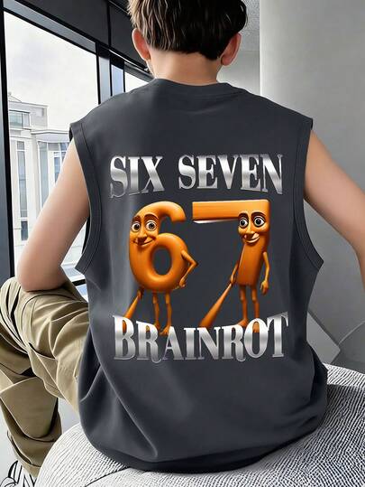 ملابس علوية أكمام بلا أكمام للأولاد مع طباعة رقم "67" كرتوني مجسم، وشعارات "SIX SEVEN" و"BRAINROT"، قصة فضفاضة عادية، مناسب للعودة إلى المدرسة والتزلج والارتداء اليومي العادي، صيفي