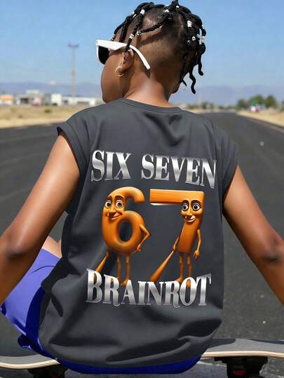ملابس علوية أكمام بلا أكمام للأولاد مع طباعة رقم "67" كرتوني مجسم، وشعارات "SIX SEVEN" و"BRAINROT"، قصة فضفاضة عادية، مناسب للعودة إلى المدرسة والتزلج والارتداء اليومي العادي، صيفي