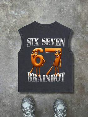 ملابس علوية أكمام بلا أكمام للأولاد مع طباعة رقم "67" كرتوني مجسم، وشعارات "SIX SEVEN" و"BRAINROT"، قصة فضفاضة عادية، مناسب للعودة إلى المدرسة والتزلج والارتداء اليومي العادي، صيفي