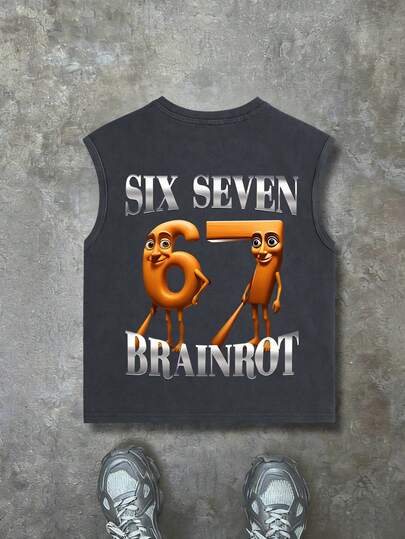 ملابس علوية أكمام بلا أكمام للأولاد مع طباعة رقم "67" كرتوني مجسم، وشعارات "SIX SEVEN" و"BRAINROT"، قصة فضفاضة عادية، مناسب للعودة إلى المدرسة والتزلج والارتداء اليومي العادي، صيفي
