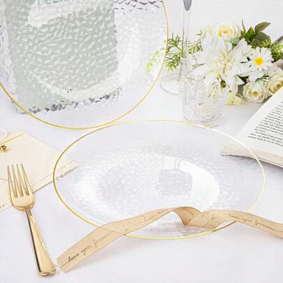 50/25/10 قطعة طقم أطباق شفاف بحافة ذهبية، أطباق سلطة، أطباق بتصميم نقشة مطرقة لتقديم الحلويات والأطباق والستيك والمعكرونة والكيك والوجبات الخفيفة والفواكه - مثالي للحفلات والأعراس: حفلات عيد الميلاد، الأعراس، عيد الأم، هدايا عيد الأم، مناسبات متنوعة