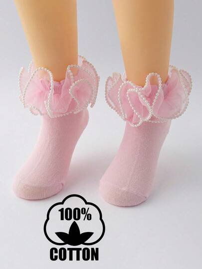 زوج من جوارب قصيرة للأطفال من القطن ذات لون سادة مع تطريز دانتيل، مناسبة للرقص وجوارب الأميرة الرضع، مناسبة لجميع المواسم