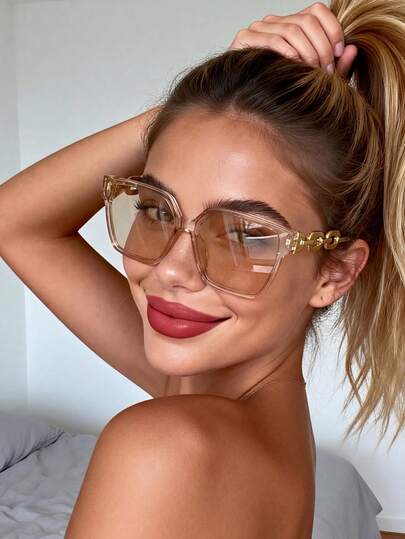 زوج نظارات شمسية مربعة بلون الشمبانيا للرجال والنساء، بتصميم ذراع سلسلة معدنية، مناسبة للاستخدام اليومي والسفر والتصوير، بطراز كلاسيكي، مثالية للشاطئ الصيفي والأنشطة الخارجية والسفر