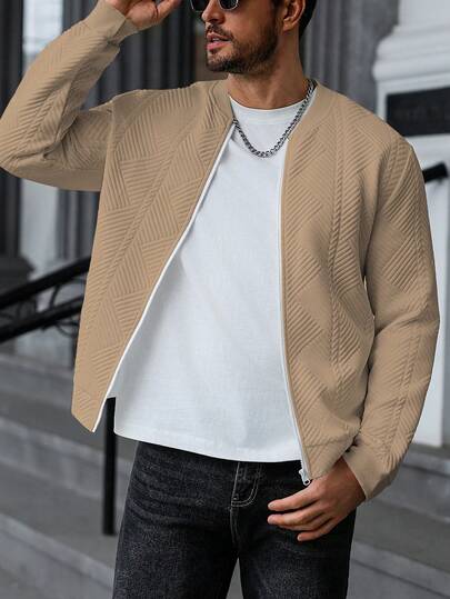 Manfinity CasualCool بلوزة رياضية طويلة الأكمام مزينة بنسيج مموج وسحاب للرجال للارتداء اليومي
