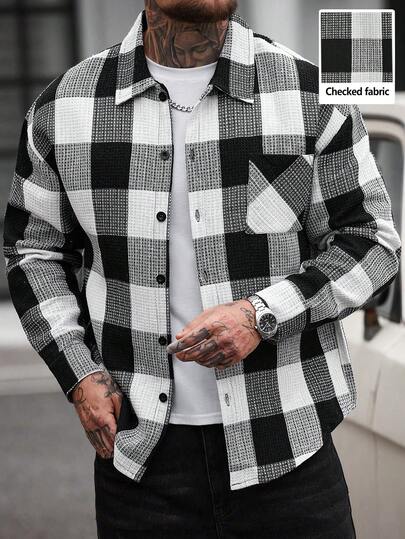 Manfinity CasualCool قميص رجالي كاجوال أسود وأبيض مربع الأكمام طويلة الأكمام بجيب واحد، قميص رجالي أسود وأبيض أكمام طويلة، ملابس شارع رجالية أسود وأبيض، سترة مربعة رجالية، هدية للصديق/الزوج، هدية عيد ميلاد/ذكرى زواج، حفلات صيفية، رأس السنة، عيد الحب، مناس