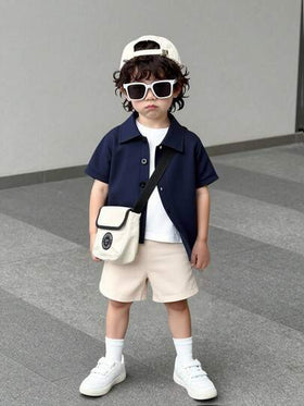 SHEIN Vintaside Kids مجموعة قميص كم قصير وشورت للأطفال الصغار، مناسبة للارتداء اليومي والعودة إلى المدرسة في فصل الخريف/الشتاء، قطعتان