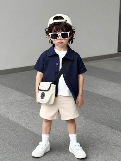 SHEIN Vintaside Kids مجموعة قميص كم قصير وشورت للأطفال الصغار، مناسبة للارتداء اليومي والعودة إلى المدرسة في فصل الخريف/الشتاء، قطعتان