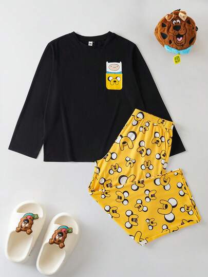 ADVENTURE TIME X SHEIN بيجامة رجالية كبيرة الحجم مطبوعة برسوم كرتونية، تتكون من ملابس علوية بأكمام طويلة وبنطلون