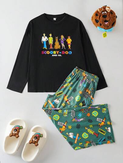 SCOOBY-DOO X SHEIN بيجامة رجالية كبيرة الحجم مكونة من ملابس علوية بأكمام طويلة وسروال، بطبعات حرفية كرتونية، قصة متساقطة الكتف، مناسبة للربيع والخريف