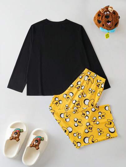 ADVENTURE TIME X SHEIN بيجامة رجالية كبيرة الحجم مطبوعة برسوم كرتونية، تتكون من ملابس علوية بأكمام طويلة وبنطلون