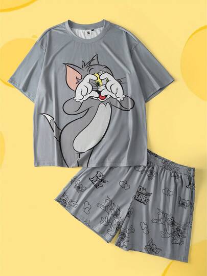 TOM & JERRY X SHEIN بدلة بيجاما قصيرة الأكمام مطبوعة بالقطط للرجال كبار الحجم، صيفية