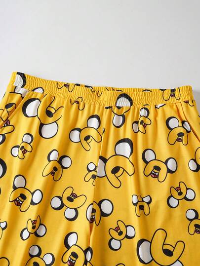 ADVENTURE TIME X SHEIN بيجامة رجالية كبيرة الحجم مطبوعة برسوم كرتونية، تتكون من ملابس علوية بأكمام طويلة وبنطلون