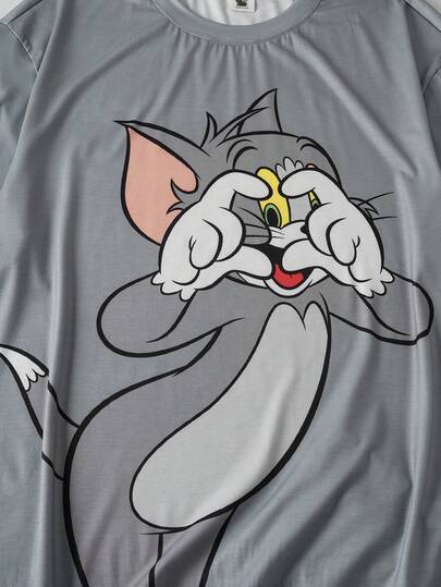 TOM & JERRY X SHEIN بدلة بيجاما قصيرة الأكمام مطبوعة بالقطط للرجال كبار الحجم، صيفية