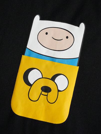 ADVENTURE TIME X SHEIN بيجامة رجالية كبيرة الحجم مطبوعة برسوم كرتونية، تتكون من ملابس علوية بأكمام طويلة وبنطلون