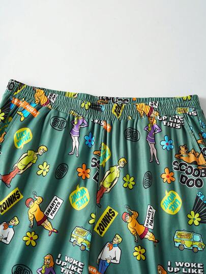 SCOOBY-DOO X SHEIN بيجامة رجالية كبيرة الحجم مكونة من ملابس علوية بأكمام طويلة وسروال، بطبعات حرفية كرتونية، قصة متساقطة الكتف، مناسبة للربيع والخريف