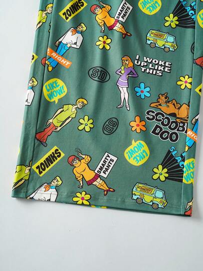 SCOOBY-DOO X SHEIN بيجامة رجالية كبيرة الحجم مكونة من ملابس علوية بأكمام طويلة وسروال، بطبعات حرفية كرتونية، قصة متساقطة الكتف، مناسبة للربيع والخريف