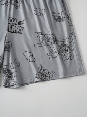 TOM & JERRY X SHEIN بدلة بيجاما قصيرة الأكمام مطبوعة بالقطط للرجال كبار الحجم، صيفية