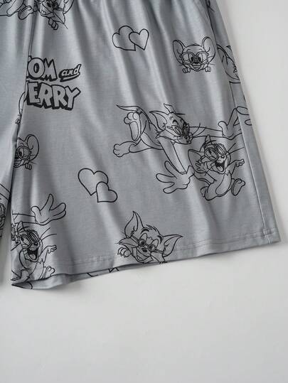 TOM & JERRY X SHEIN بدلة بيجاما قصيرة الأكمام مطبوعة بالقطط للرجال كبار الحجم، صيفية