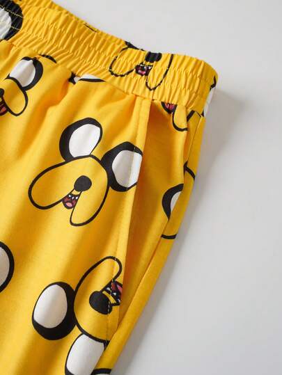 ADVENTURE TIME X SHEIN بيجامة رجالية كبيرة الحجم مطبوعة برسوم كرتونية، تتكون من ملابس علوية بأكمام طويلة وبنطلون