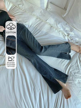 FRIFUL سراويل جينز طويلة مناسبة للنساء بتصميم ضيق وذيل مفتول وذيل مشقوق